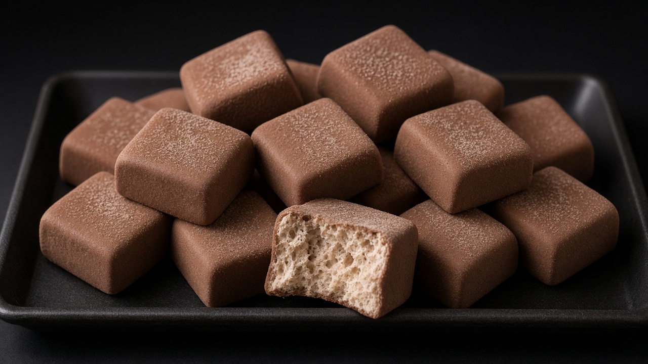 Cocoa-dusted chocolate marshmallow cubes on a dark tray, one bitten to show the light brown inside.