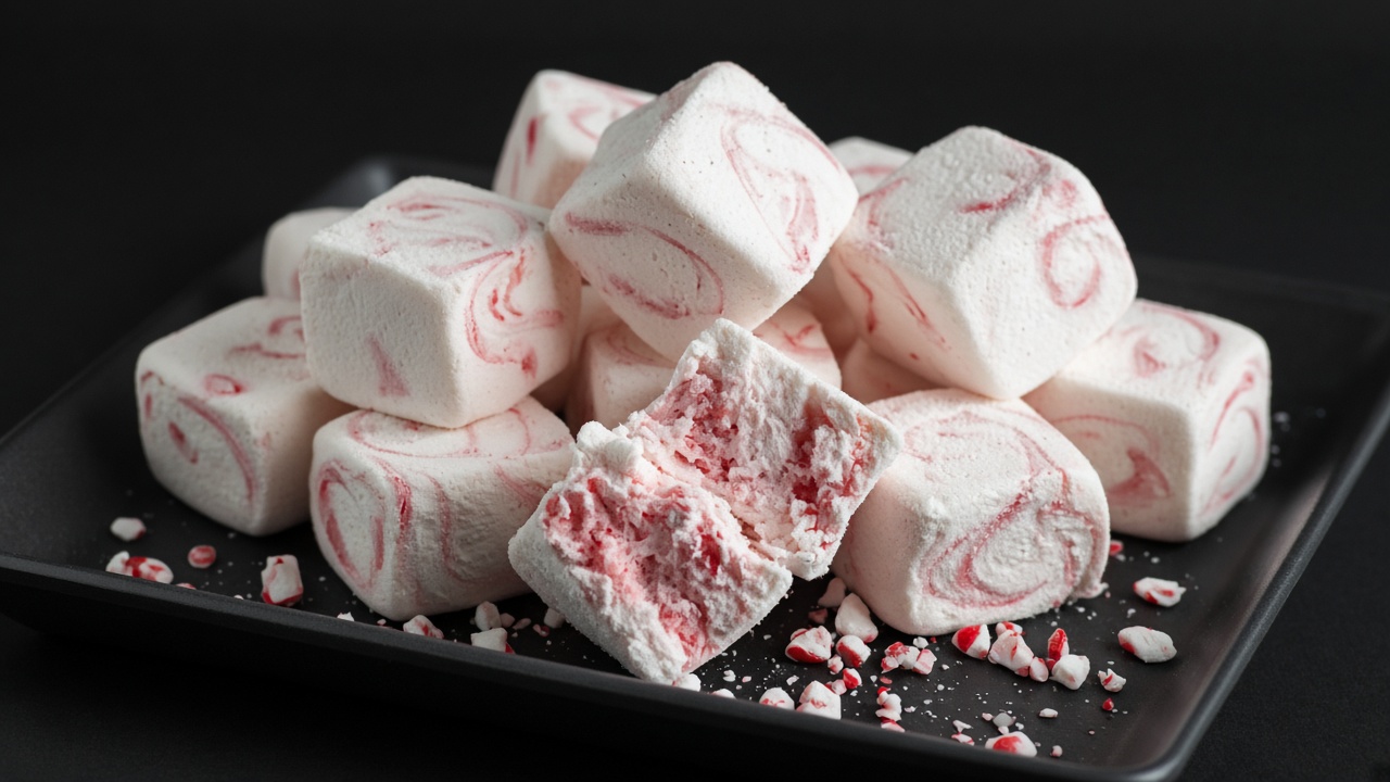 White marshmallow cubes with red peppermint swirls, with crushed peppermint sweets scattered around.