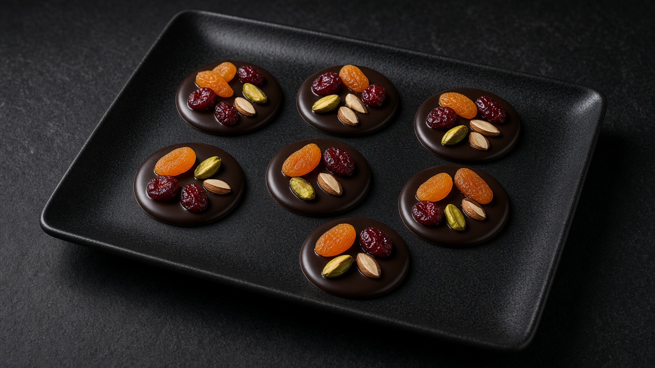 Dark chocolate discs topped with dried apricot, cranberries, pistachios and almonds.