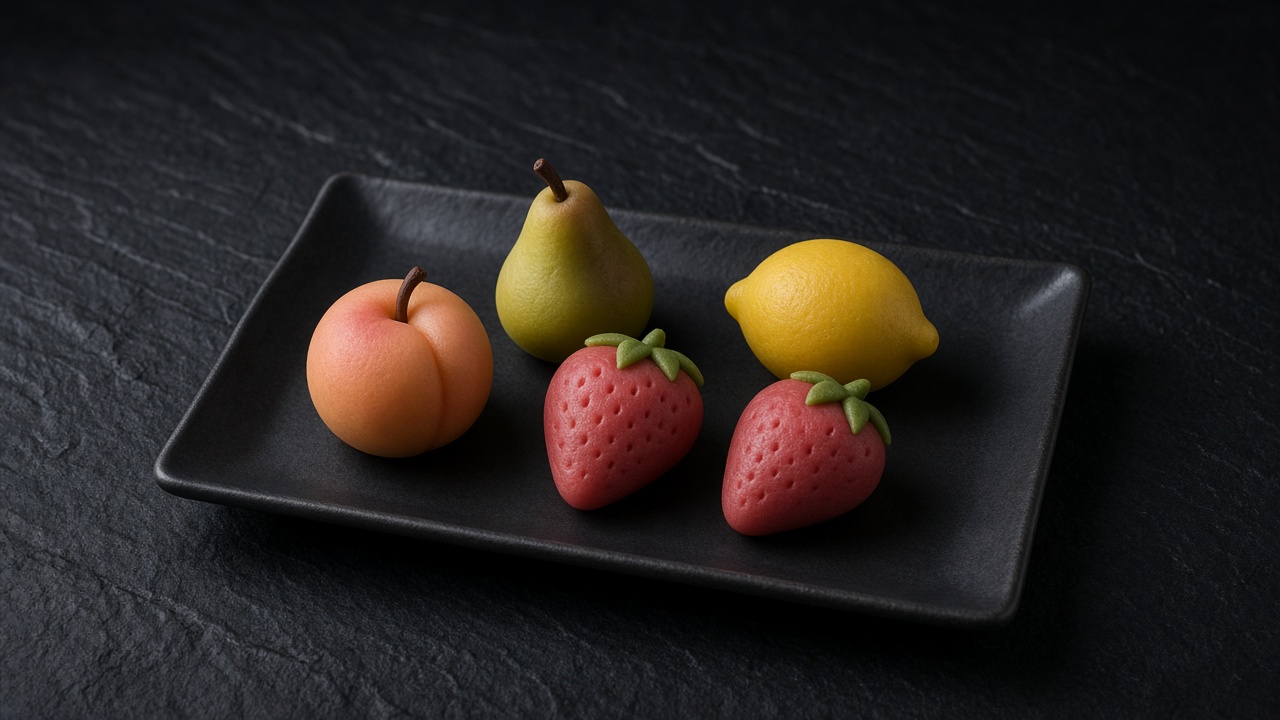 Marzipan shaped and coloured like peaches, pears, lemons and strawberries.