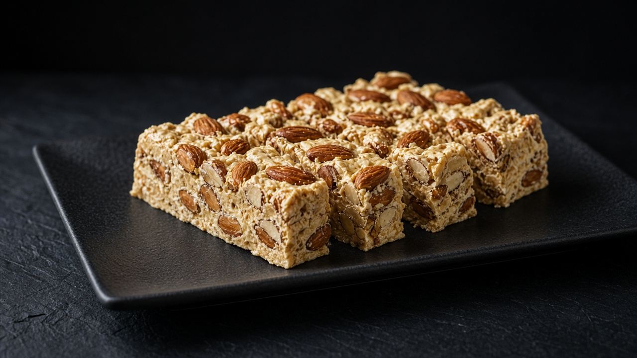 Bars of golden turrón packed with whole almonds.