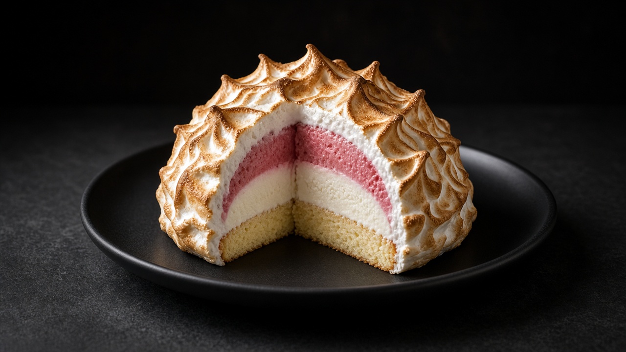 A domed dessert of strawberry and vanilla ice cream coated in golden toasted meringue peaks, sliced to reveal the cake and ice cream layers inside.