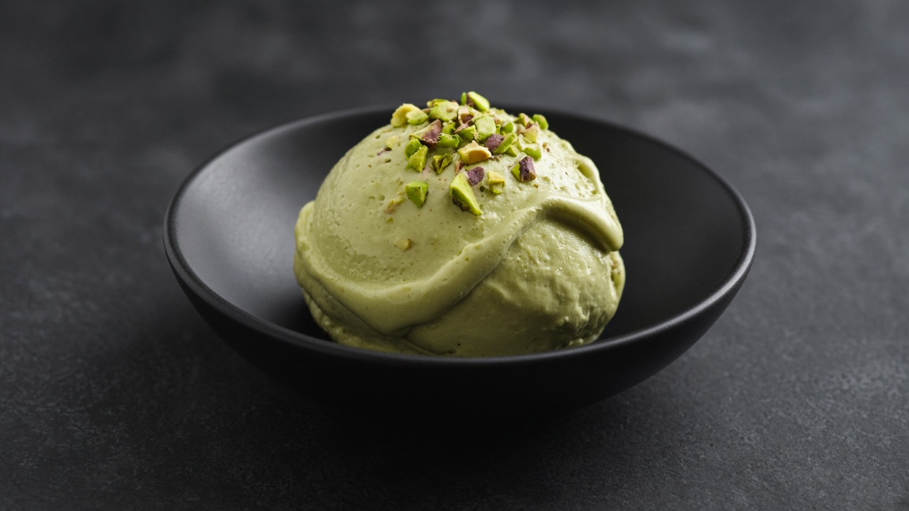 Three scoops of pale green pistachio gelato topped with chopped pistachios.