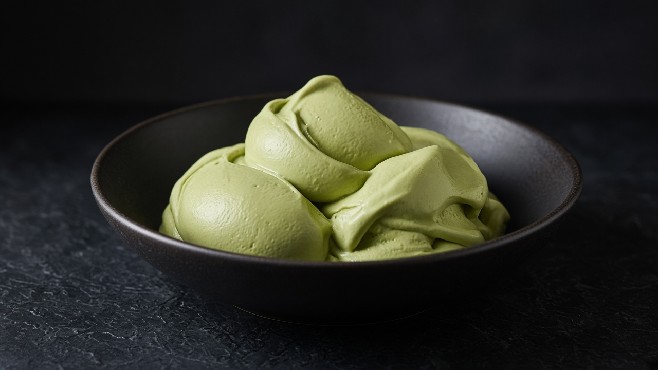Swirls of soft green pistachio gelato in a dark bowl.