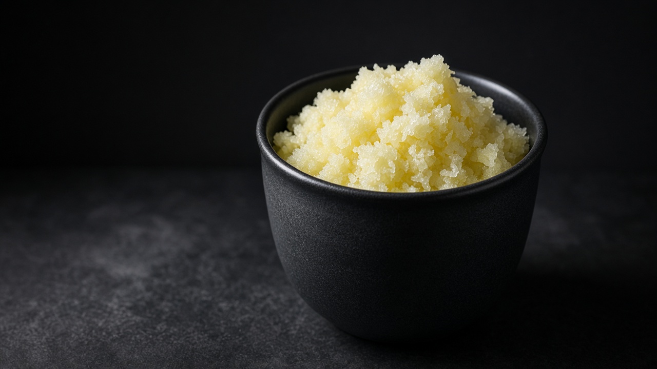 A glass of fluffy, separated lemon ice crystals.