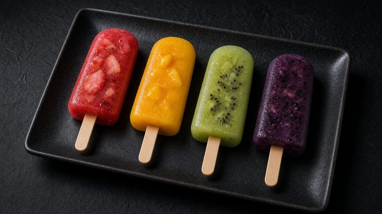 Six pink ice pops on sticks, speckled with tiny strawberry seeds.