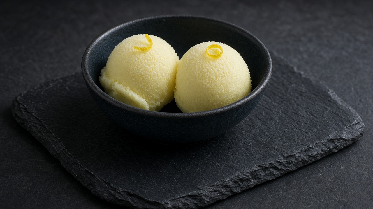 Two scoops of pale yellow lemon sorbet in a dark bowl on a slate.