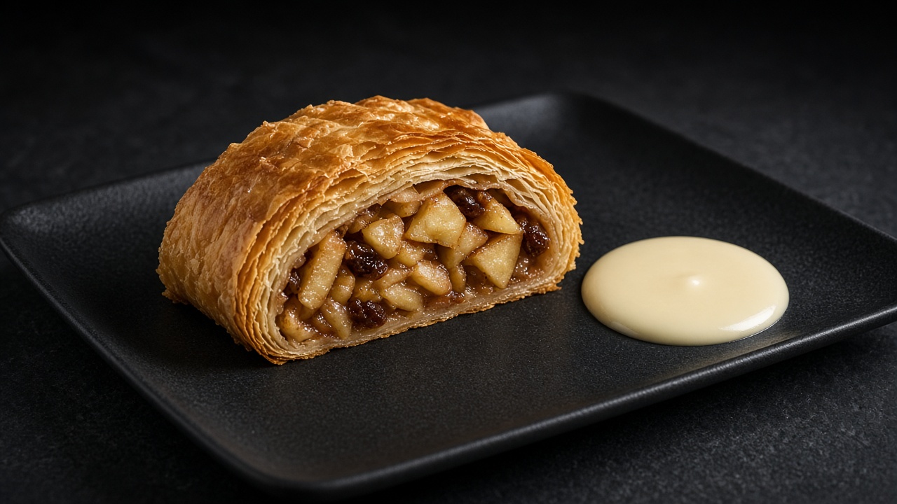 A sliced filo apple strudel showing apple and raisin filling, with a pool of vanilla sauce.