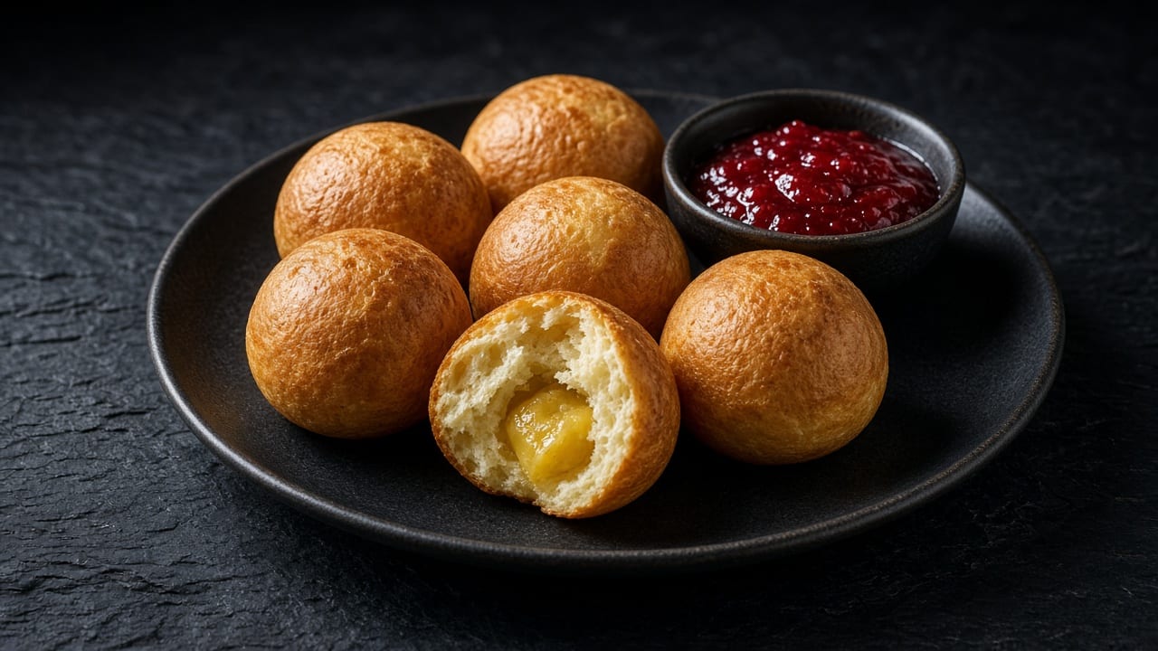 Golden æbleskiver balls, one split open to show apple inside, with a small bowl of red berry jam.