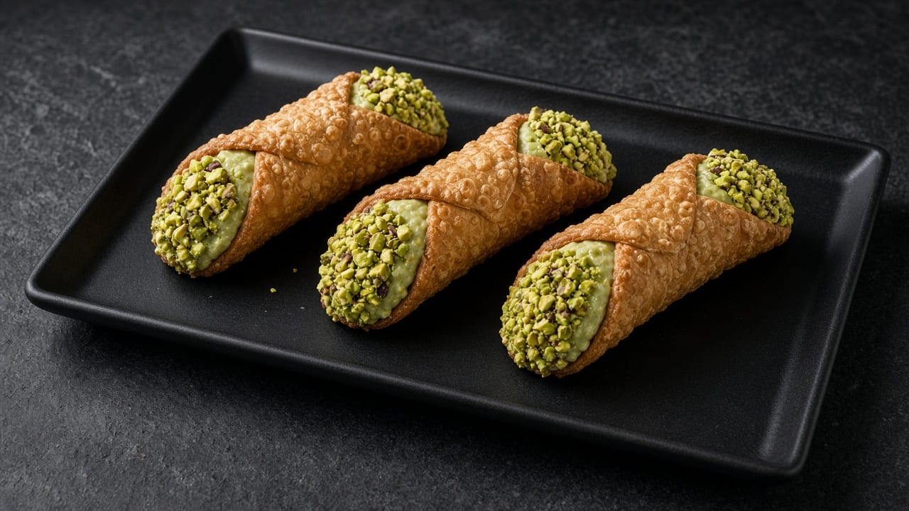 Cannoli filled with pale cream, both ends coated in bright green chopped pistachios.