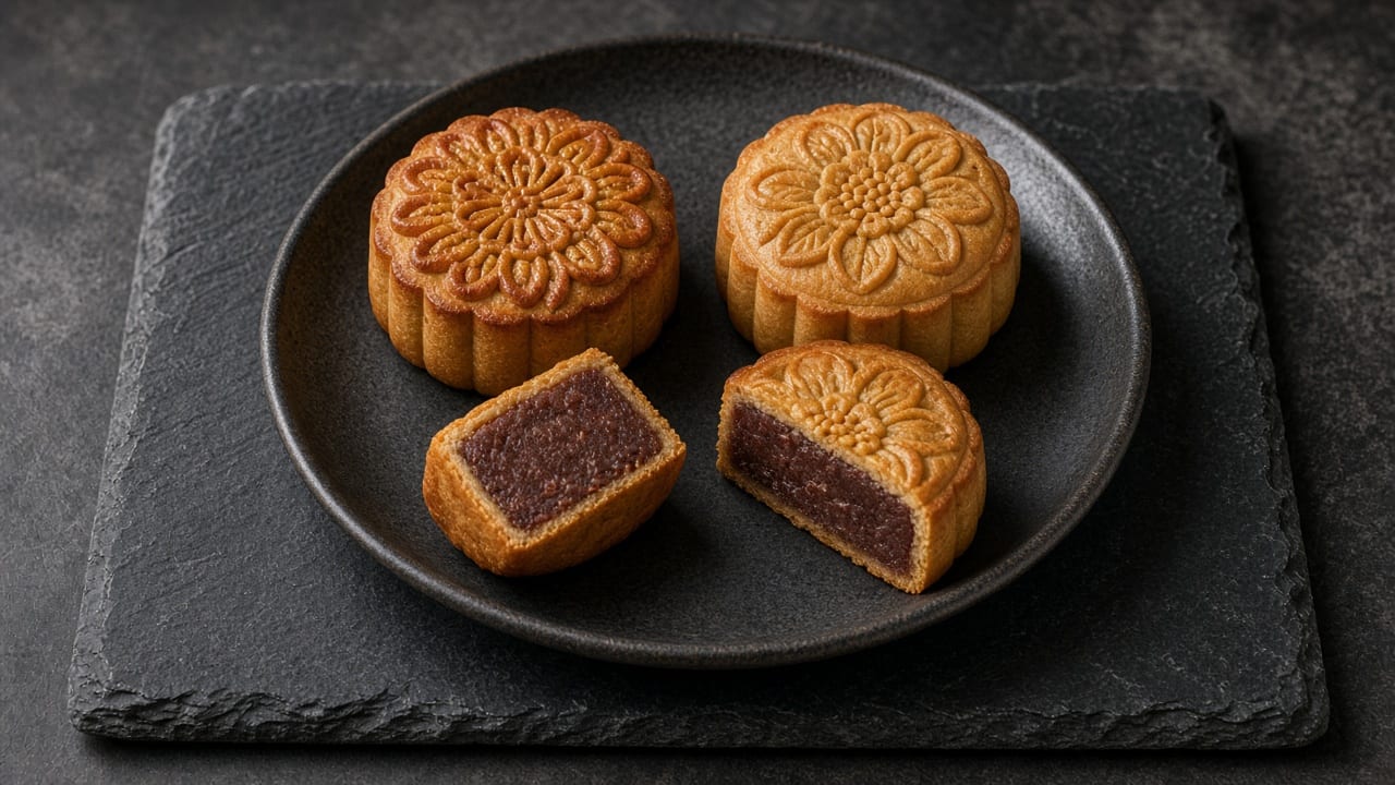 Golden-brown patterned mooncakes with a glossy egg-washed surface, cut into wedges revealing a dark red bean filling.