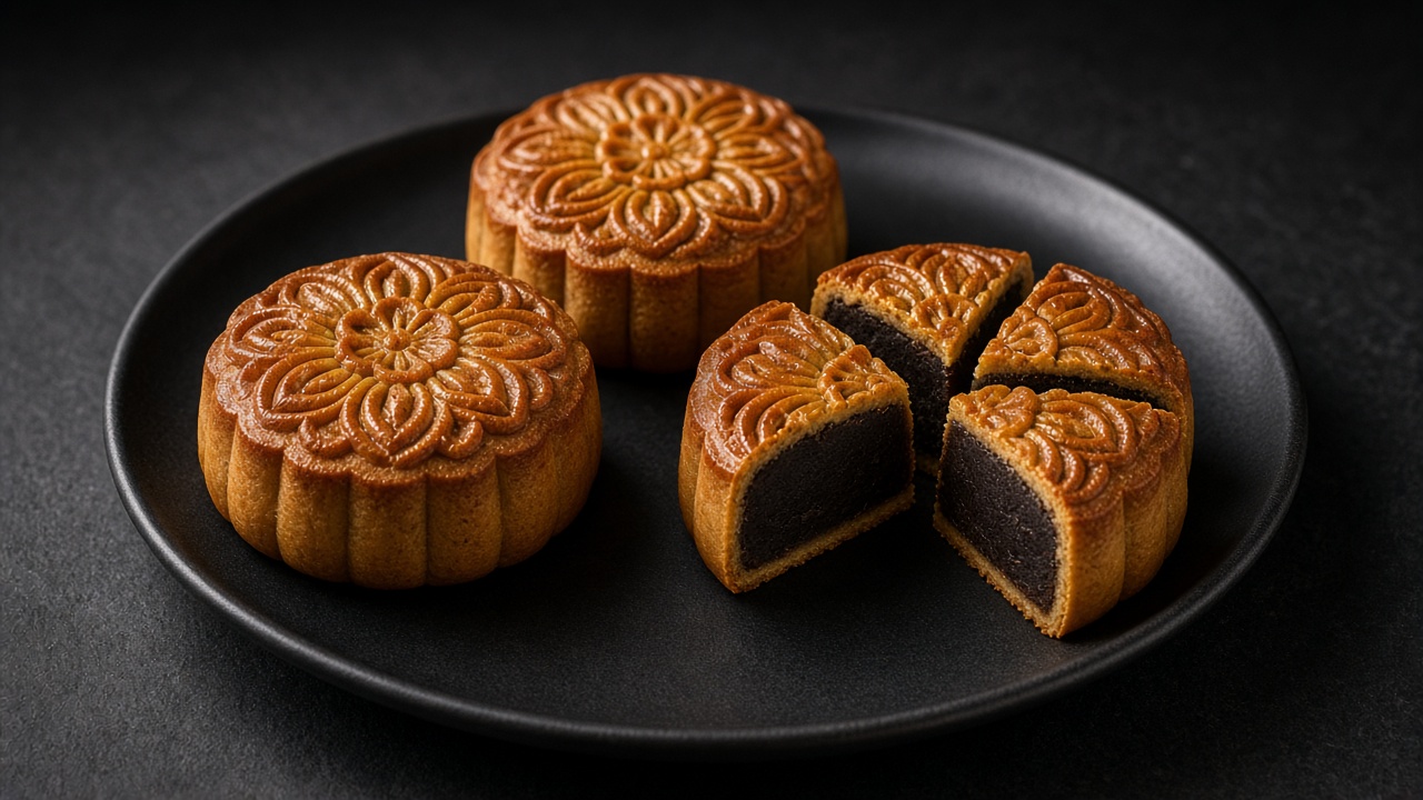 Golden-brown patterned mooncakes with a glossy egg-washed surface, one cut into quarters showing a smooth lotus paste filling.