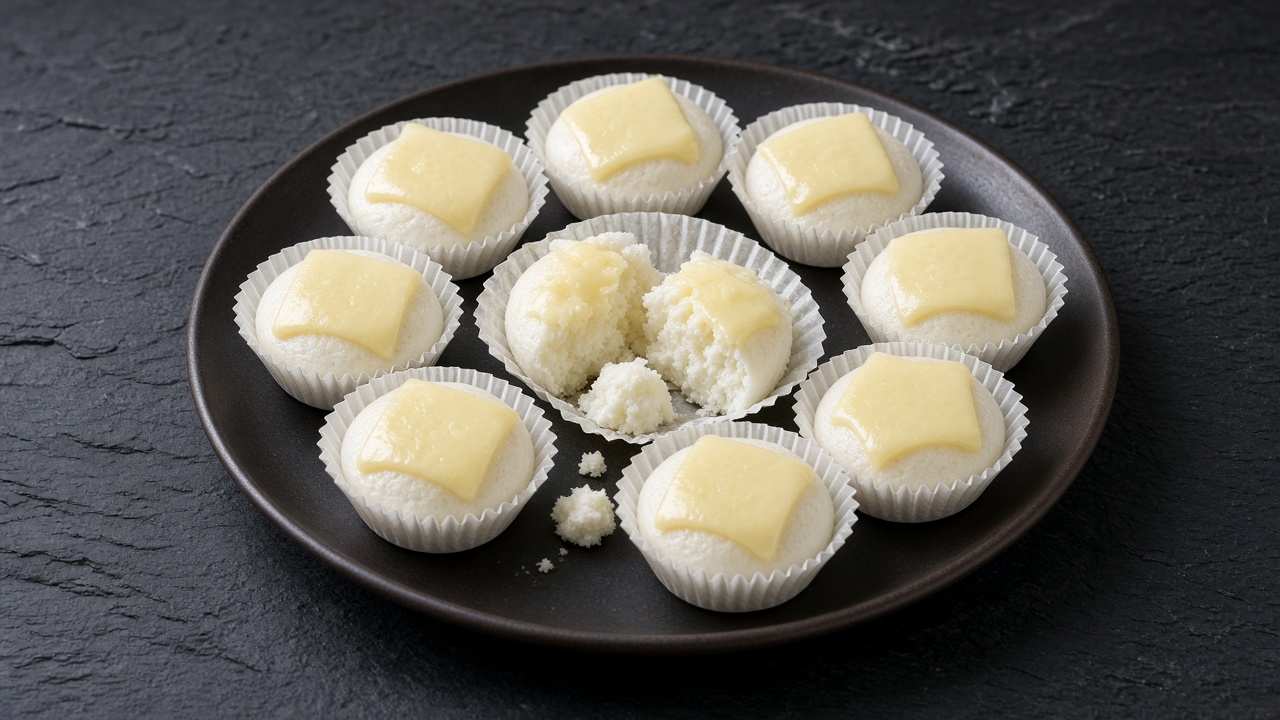 Steamed puto rice cakes each topped with a square of melting cheese.