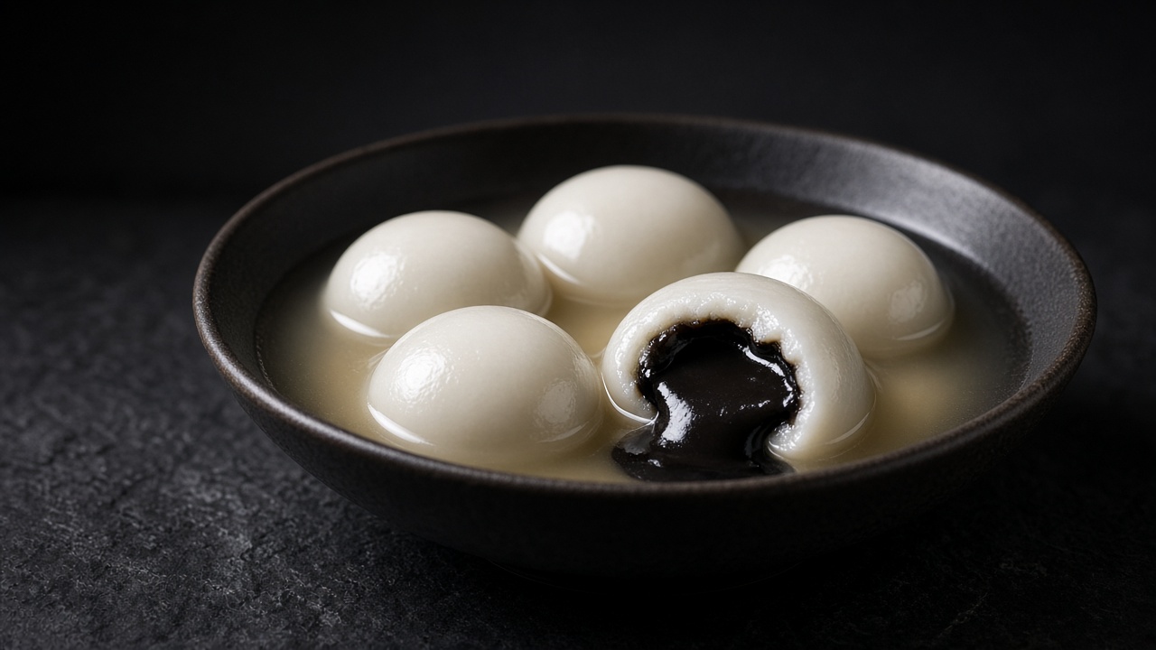 White tangyuan dumplings in ginger syrup, one bitten to show a black sesame centre.