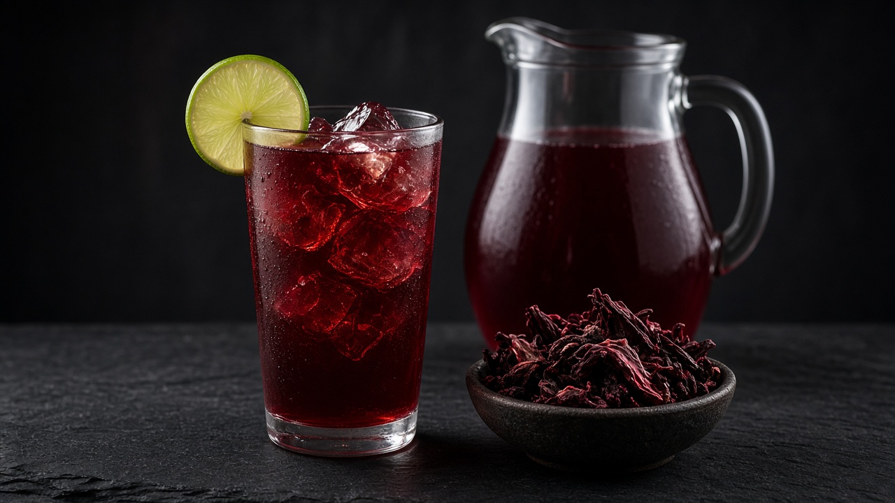 A glass and pitcher of deep red hibiscus agua de jamaica with lime and a bowl of dried flowers.