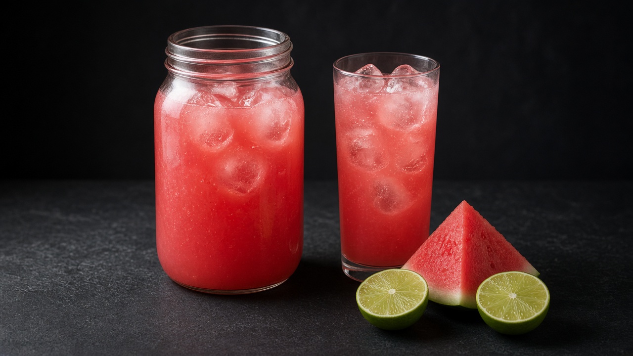 A jar and glass of pink watermelon agua fresca with ice, a watermelon wedge and lime halves.