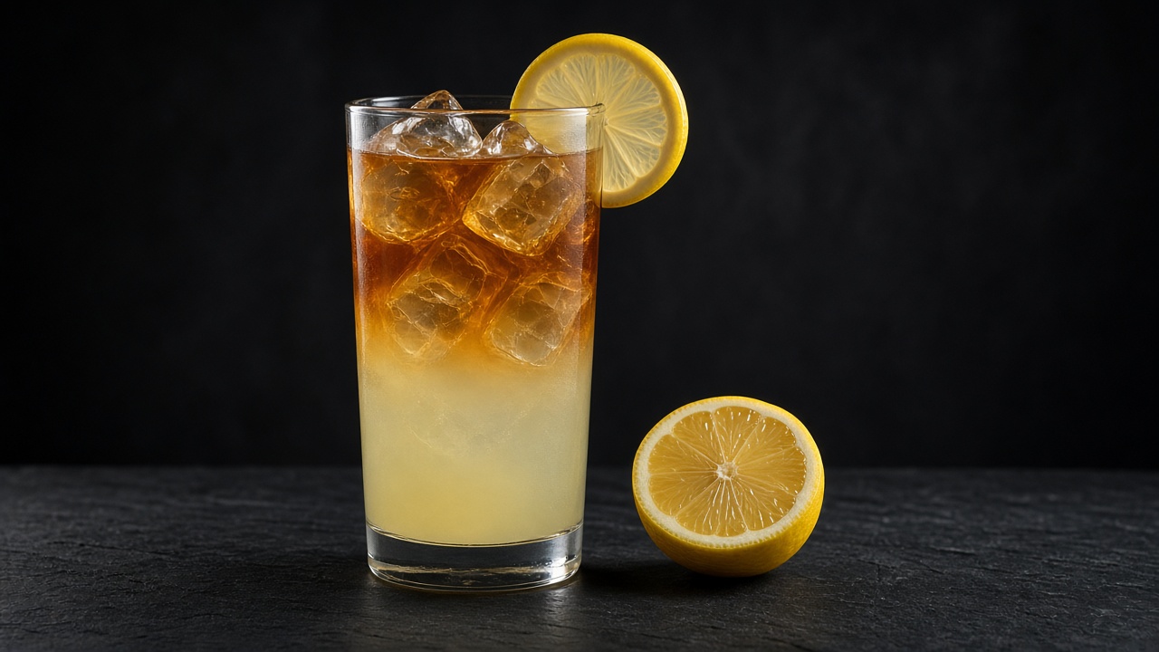 A tall iced glass with dark tea layered over pale lemonade, garnished with lemon.