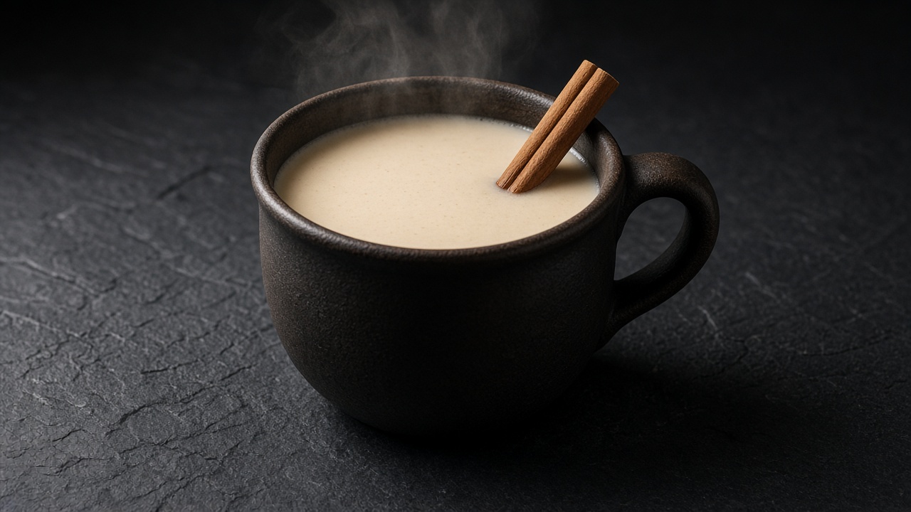 A steaming dark mug of creamy atole with a cinnamon stick resting in it.