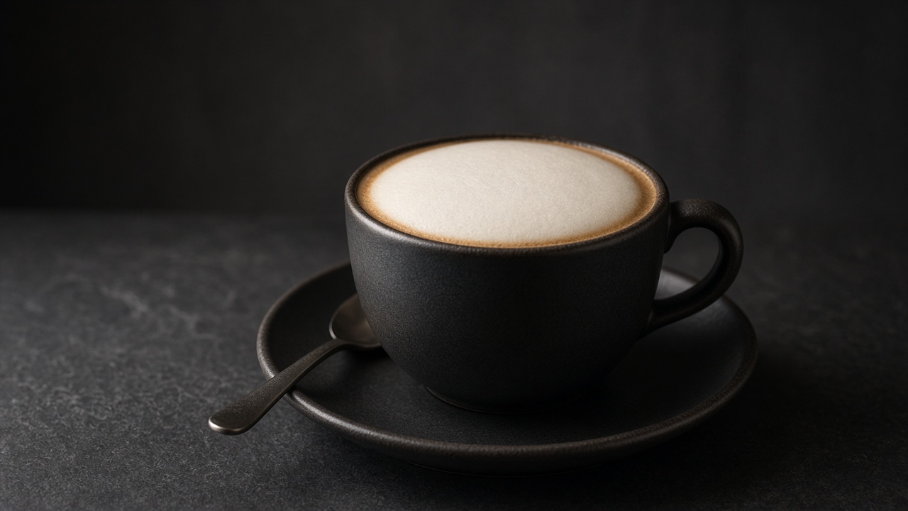 A black cup of cappuccino with a domed cap of plain white foam, on a saucer with a spoon.