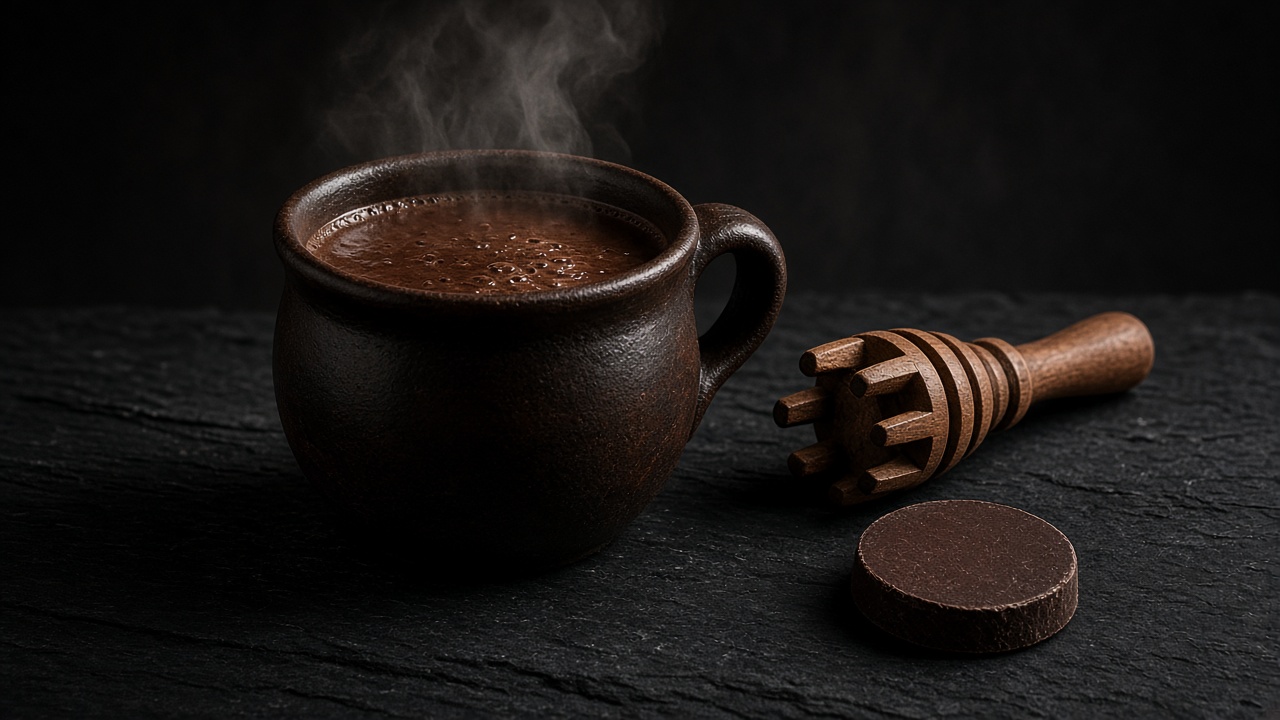 A steaming dark mug of thick champurrado beside a wooden molinillo and a disc of Mexican chocolate.