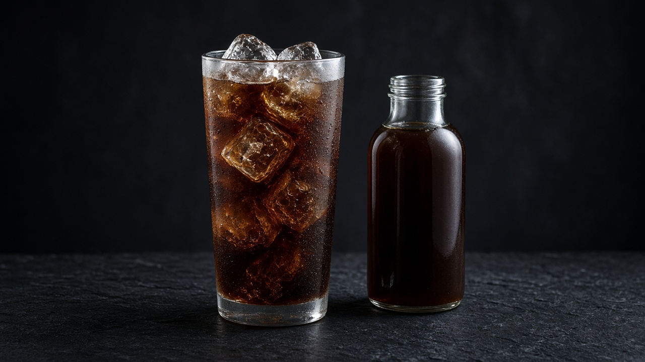 A tall glass of iced cold brew coffee beside a bottle of concentrate.