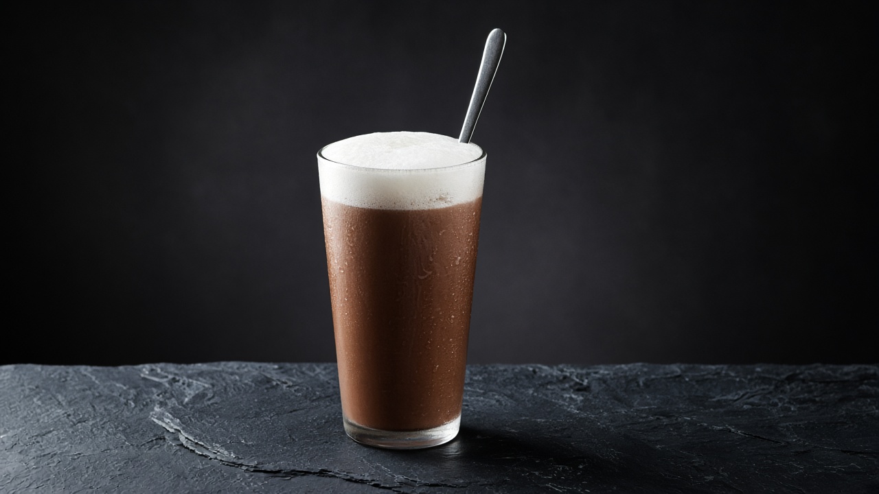A tall glass of chocolate egg cream with a thick white foam head and a long spoon.