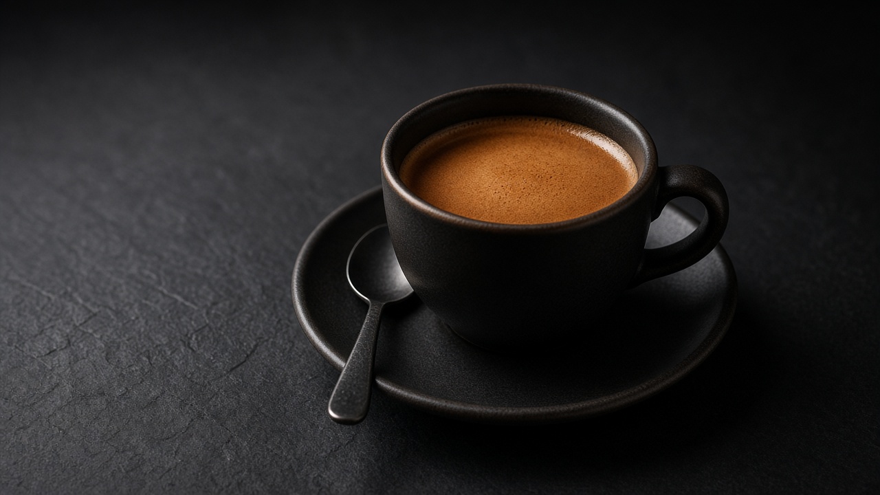 A double espresso with thick hazel crema in a black cup on a saucer with a spoon.