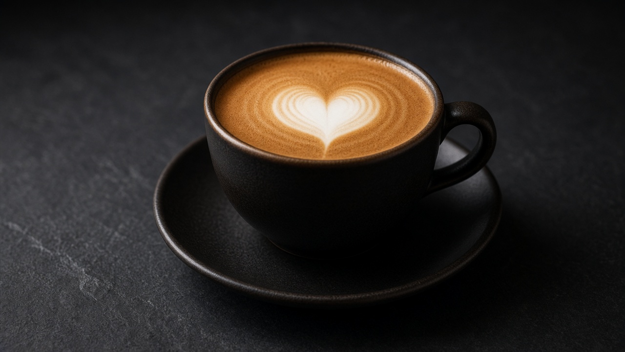 A black cup of flat white with a heart poured in glossy microfoam, on a saucer.
