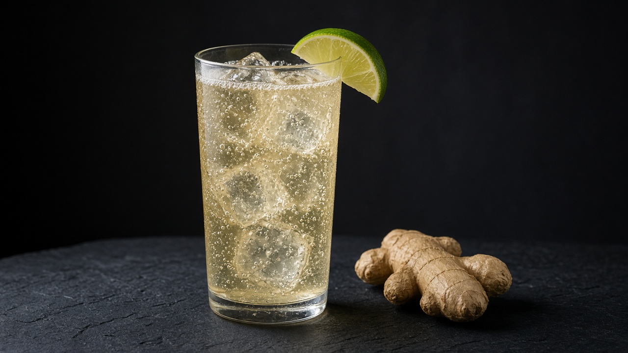 A tall glass of fizzy pale ginger ale over ice with a lime wedge and fresh ginger.