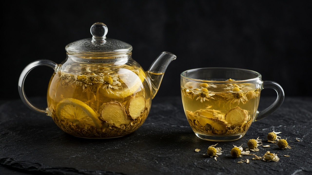 A clear glass of pale golden herbal tea with a lemon slice floating in it.