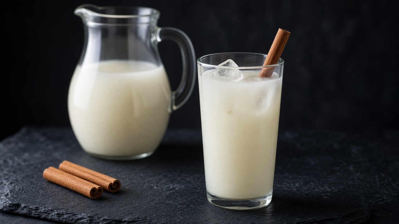 A pitcher and an iced glass of creamy white horchata with a cinnamon stick.