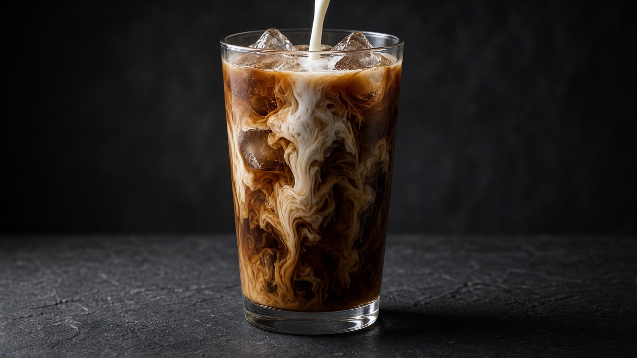 A tall glass of iced coffee over ice with milk swirling through it as it is poured.