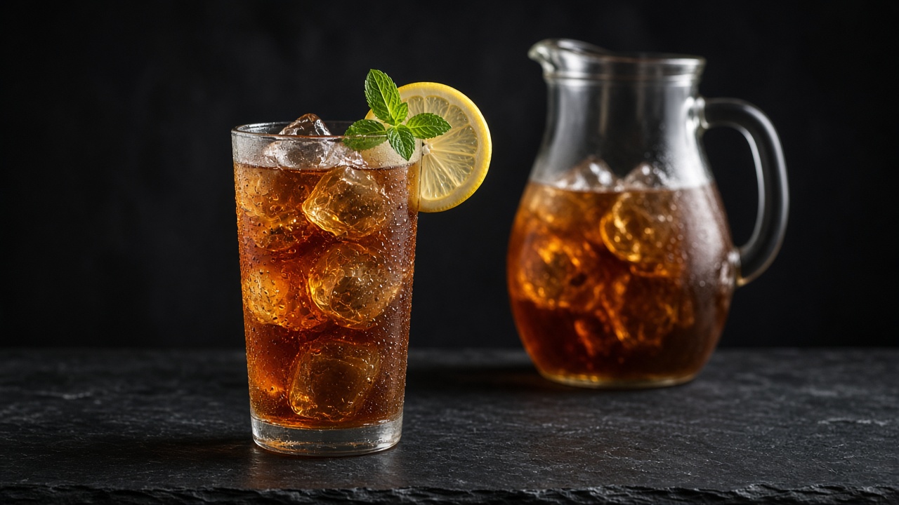 A glass of iced black tea with lemon and mint beside a pitcher of iced tea.