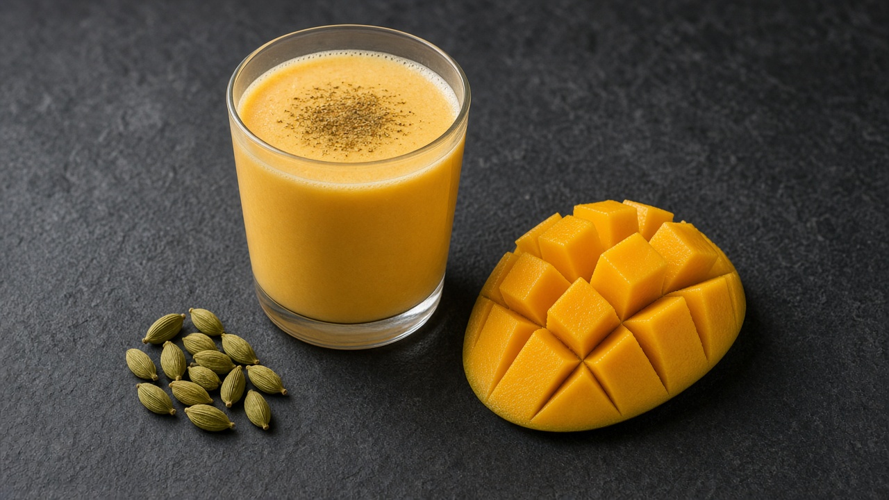 A glass of thick golden mango lassi sprinkled with cardamom, beside a cut mango and pistachios.