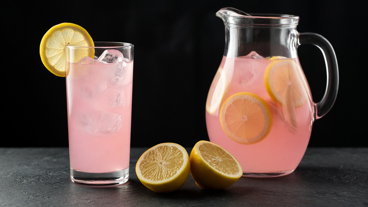 Pale pink lemonade over ice with thin lemon slices.