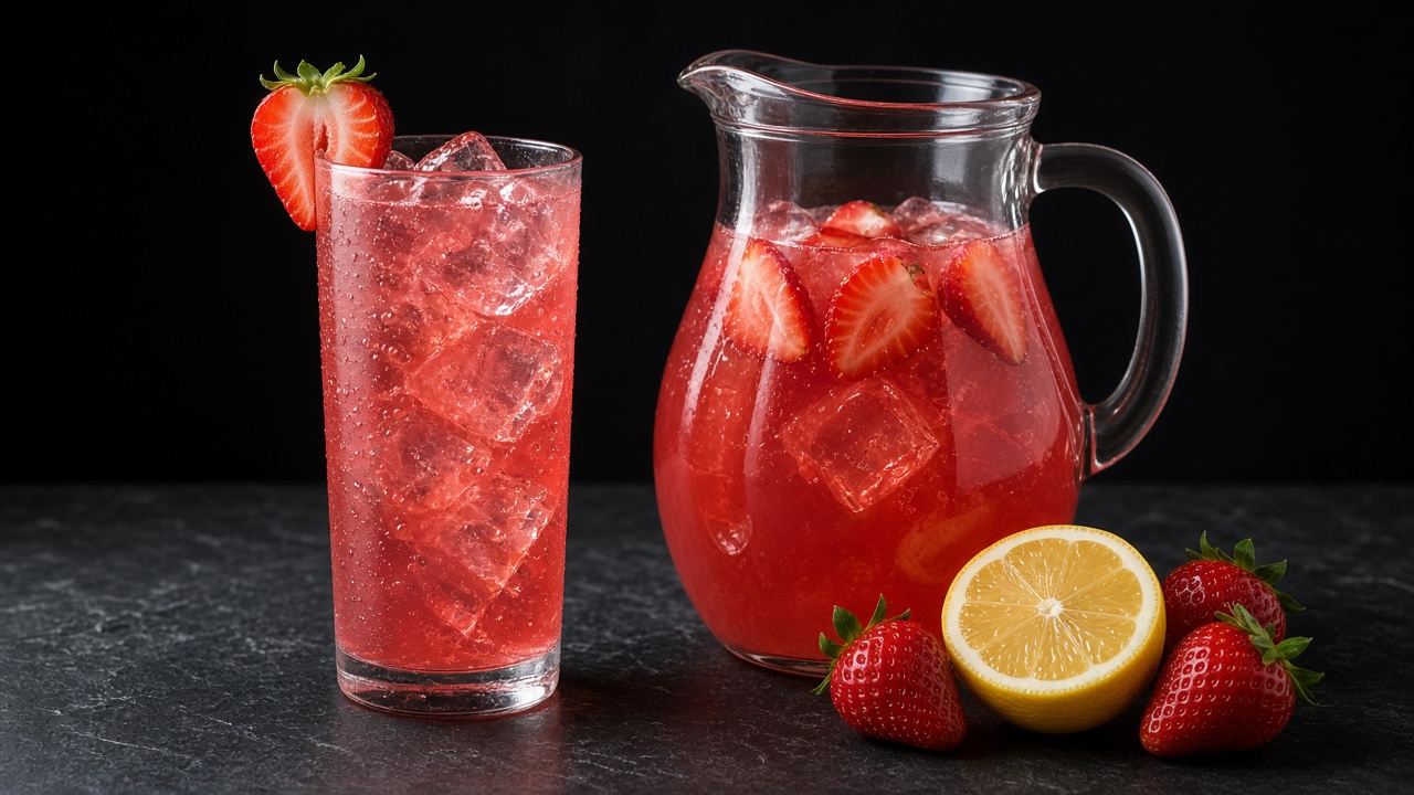 Red strawberry lemonade over ice with fresh strawberries and lemon slices.