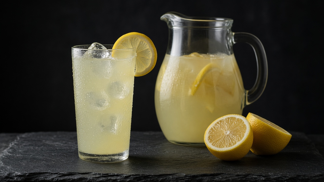 An iced glass and pitcher of pale lemonade with lemon slices and halved lemons.