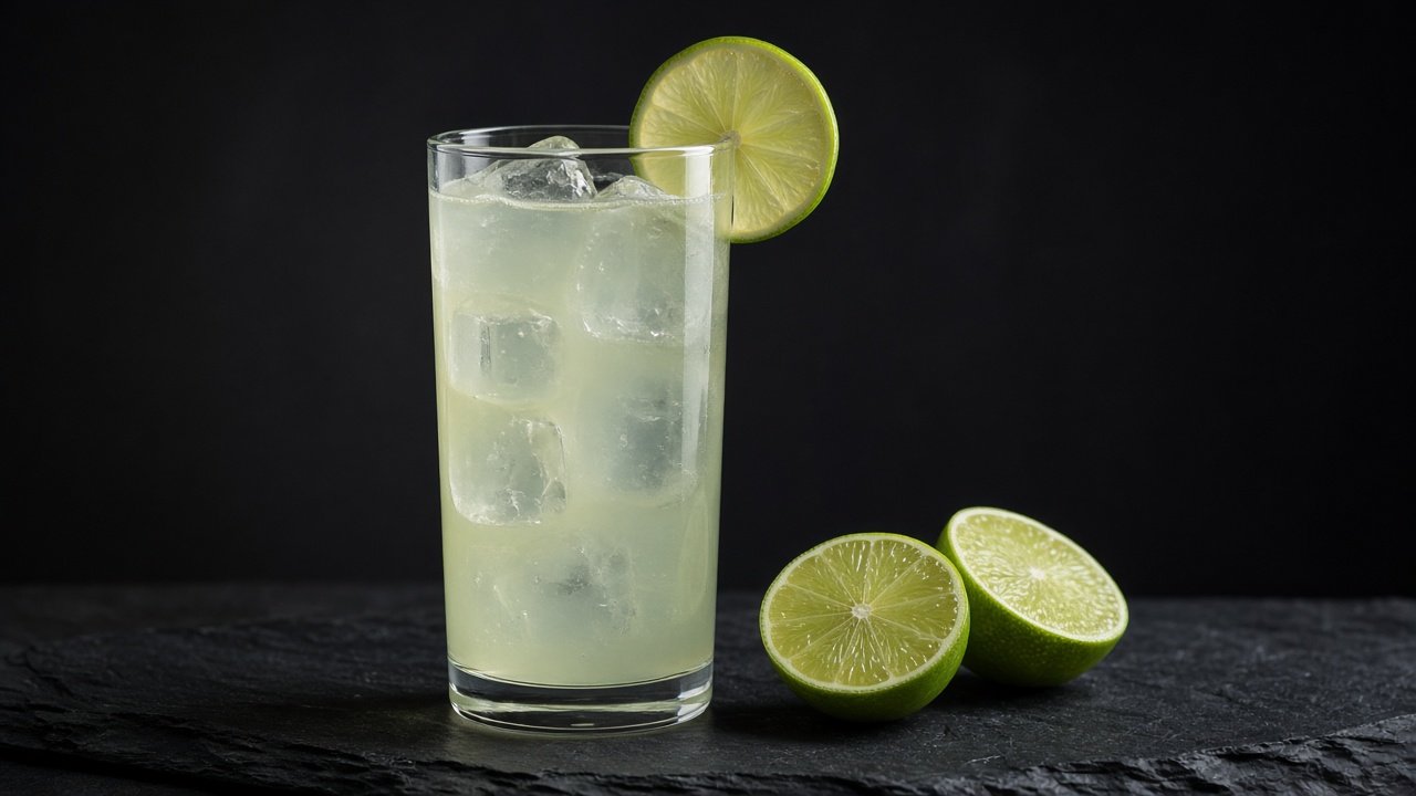 A tall iced glass of pale green limeade with a lime wheel and halved limes.