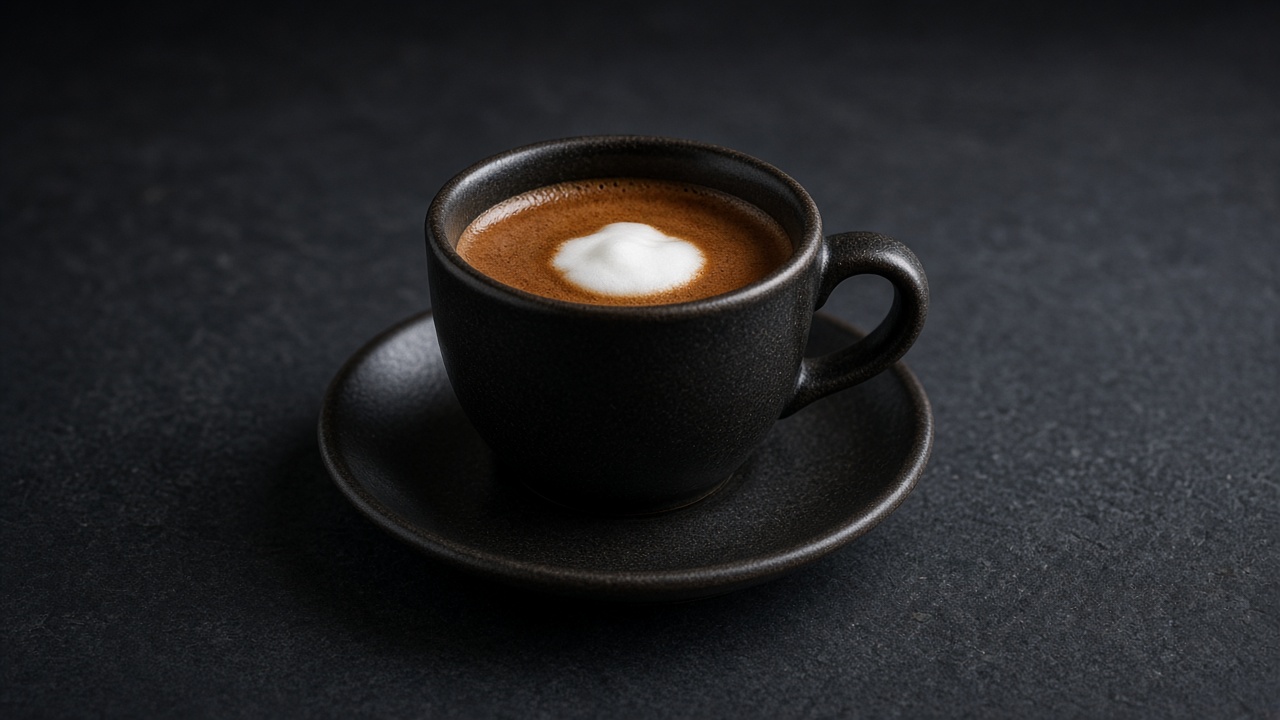 A black demitasse of espresso with a small dot of white milk foam in the centre, on a saucer.