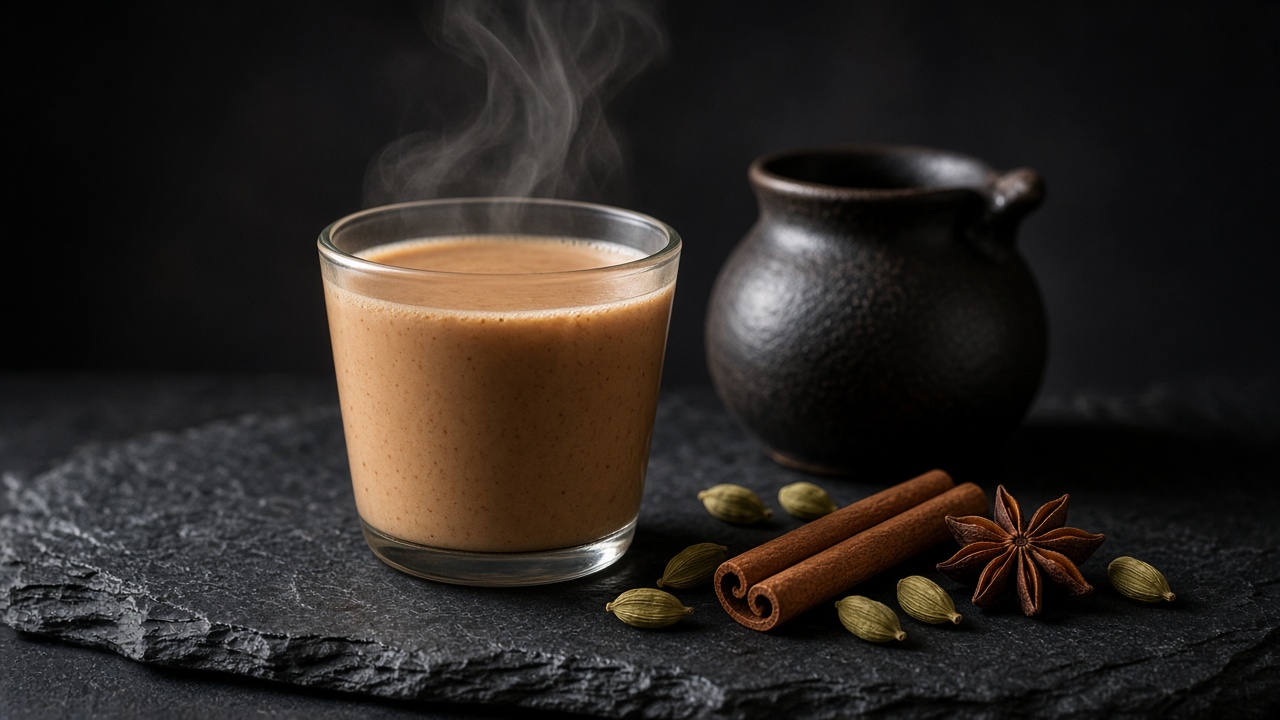 A glass of steaming milky masala chai beside a dark teapot, with cinnamon sticks, cardamom and star anise.