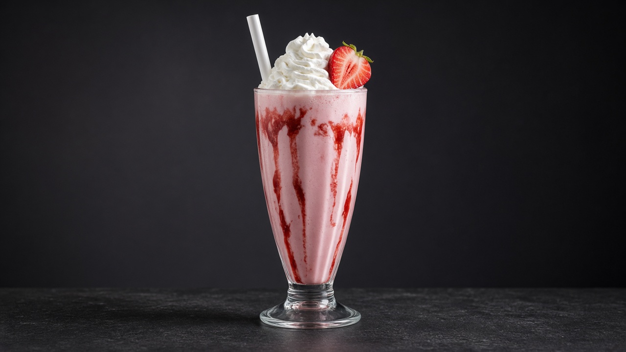 A pink strawberry milkshake topped with whipped cream and a whole strawberry.