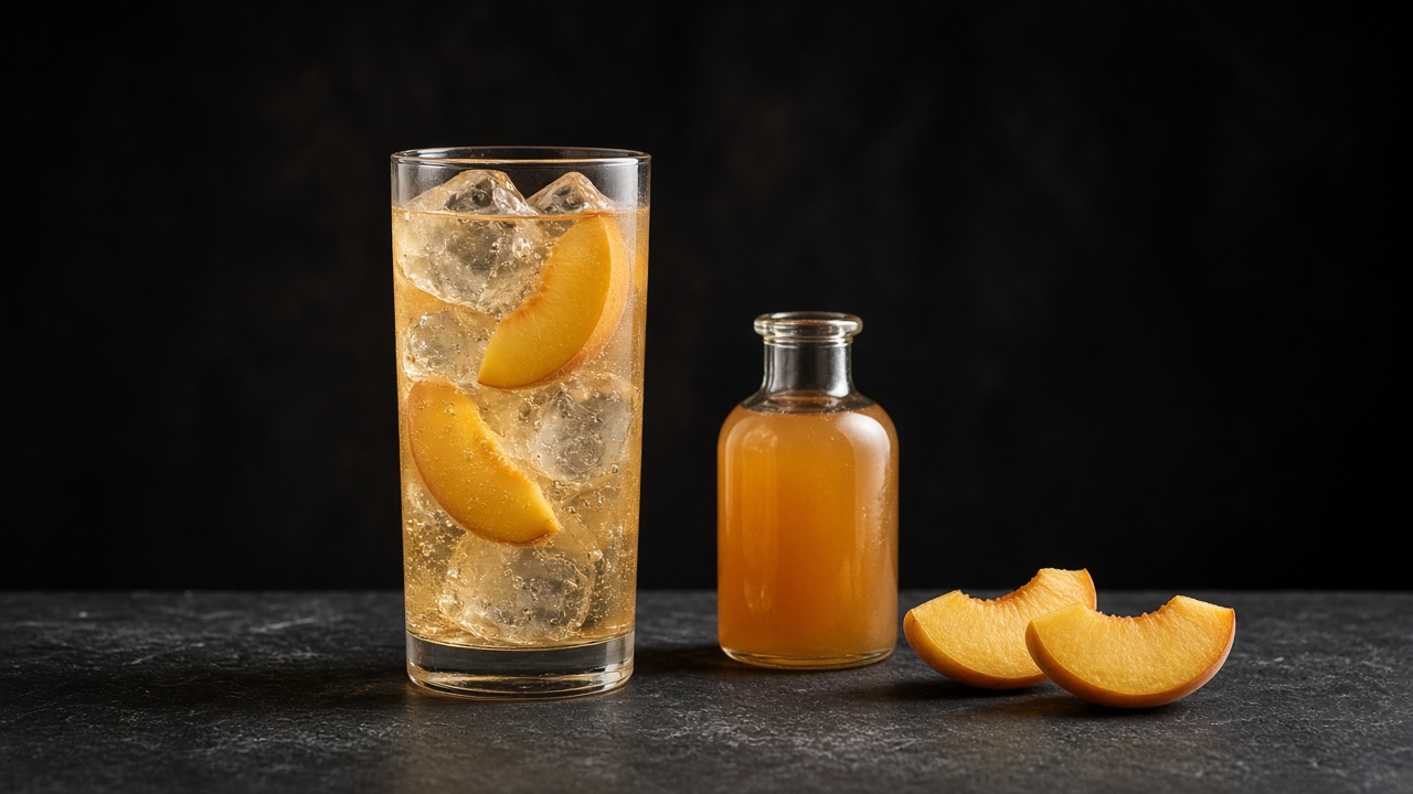 A tall iced glass of peach shrub soda with peach slices beside a small bottle of syrup.