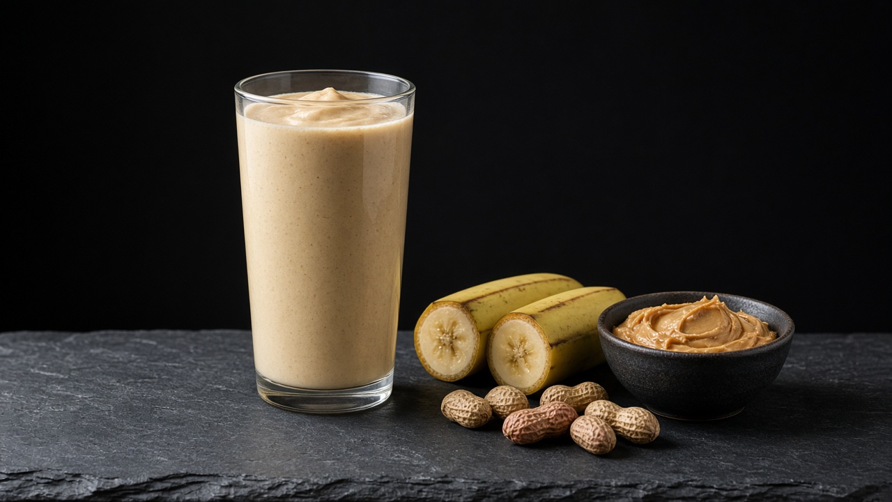 A thick, creamy peanut butter and banana smoothie in a glass, with banana and peanuts nearby.
