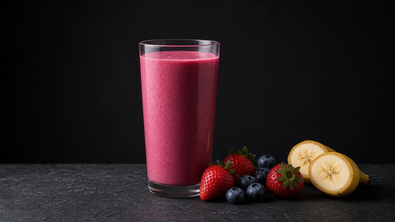 A tall glass of thick pink berry smoothie beside strawberries, blueberries and banana slices.