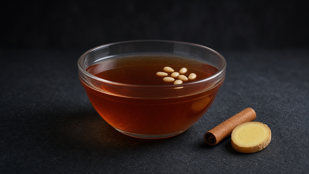 A glass of amber-coloured spiced punch with a few toasted pine nuts floating on the surface.